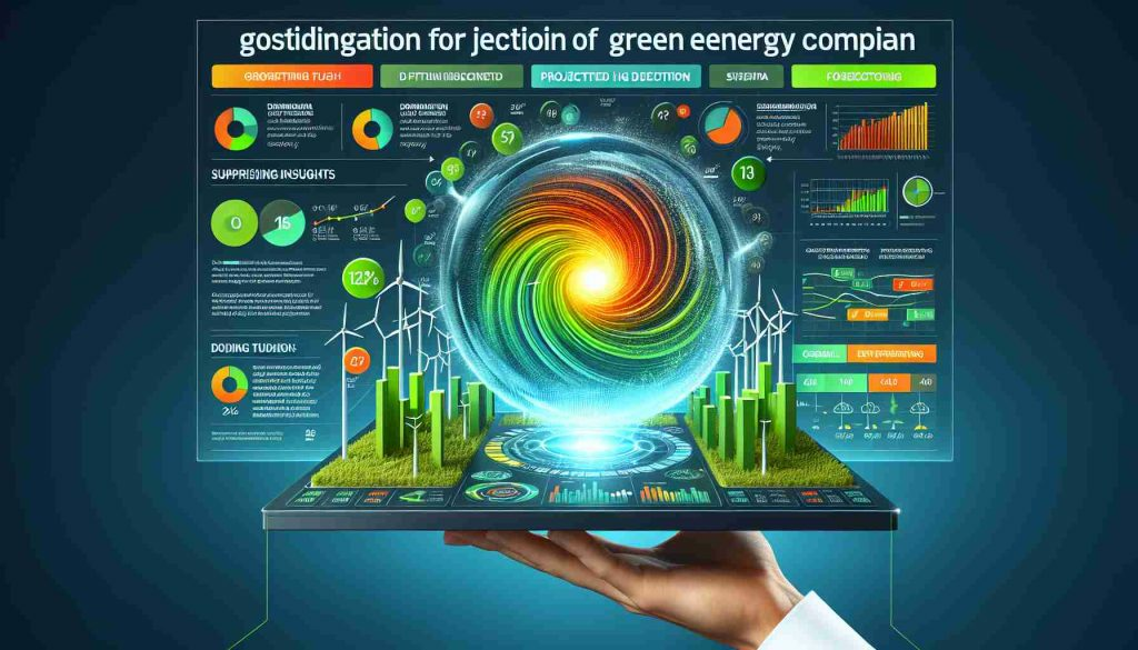 Generate a high definition, realistic infographic that shows the forecasting and projected direction of a hypothetical green energy company, codenamed 'Alpha Energy'. The infographic should depict surprising insights and predictions for the future.