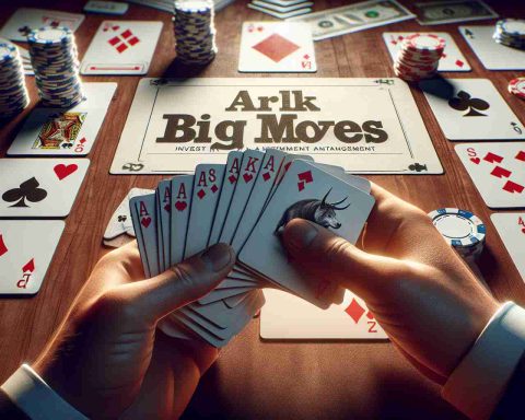 High resolution, realistic image of a deck of cards being shuffled metaphorically representing big moves in ARK investments, an investment management firm. Emphasize on the element of game and strategy, potential risk and reward in financial investments. Please do not include specific individuals.