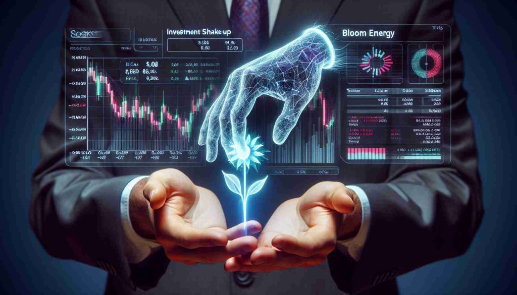 Create a hyper-realistic high-definition image representing the concept of an investment shake-up. Visualize this through symbolic elements such as stocks and shares, tickers or graphs, a pair of hands exchanging an object symbolizing Bloom Energy's stock. Please avoid any reference to specific real individuals.