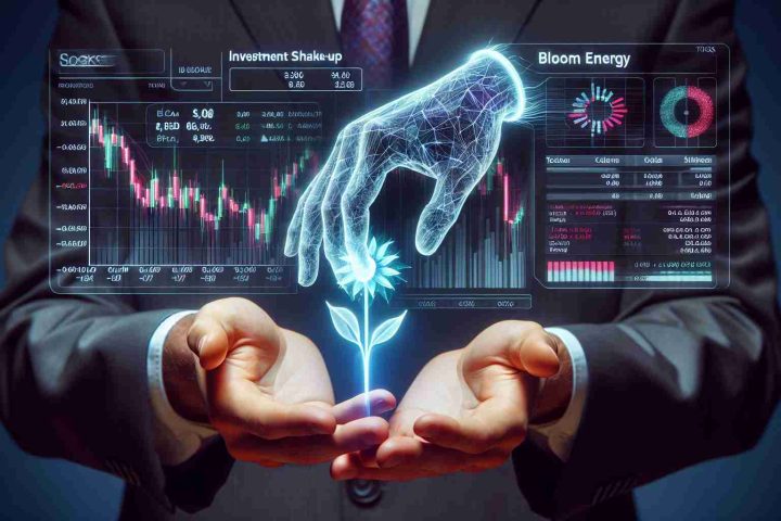 Create a hyper-realistic high-definition image representing the concept of an investment shake-up. Visualize this through symbolic elements such as stocks and shares, tickers or graphs, a pair of hands exchanging an object symbolizing Bloom Energy's stock. Please avoid any reference to specific real individuals.