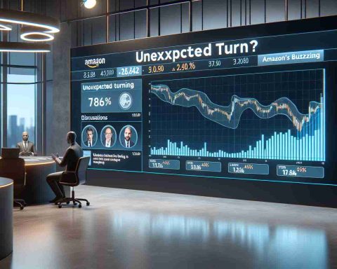 A realistic digital rendering of a financial news-style scene. In the foreground, a graph chart shows Amazon's stock price reflecting an unexpected turn. Above this, a headline in bold reads, 'Unexpected Turn?: Amazon's Stock Buzzing'. There could be discussions panels at the sides and bottom of the screen, indicating analysts' comments about this happening.