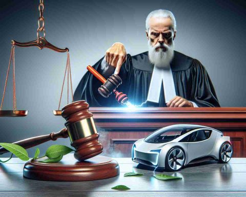 Create a realistic high-definition image of a judicial figure sternly looking at a dropped gavel on the bench, with a concept electric car in the background. Above this scene include the text: 'Mega Pay Plan Axed Again! What’s Next for the notable entrepreneur?'