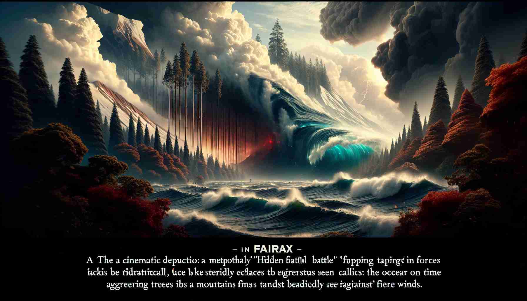 A cinematic depiction of a metaphorical 'Hidden Battle' taking place in Fairfax, India. The scene should capture the tension and power dynamics amongst unseen forces. Use your creativity to represent the struggle for power: aggressive waves in the ocean clashes, towering trees in a forest being steadily eroded by time, or mountains standing strong against fierce winds. Show these natural phenomena in daylight with a storm brewing in the background to symbolize the brewing conflict.