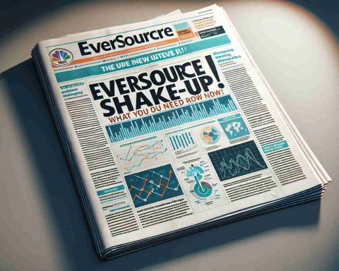 An HD, realistic image displaying the headlines 'Eversource Shake-Up! What You Need to Know Now.' on a newspaper. An array of documents, charts and graphs, are laid out beneath the headline to signify important changes and updates. Light shines obliquely casting interesting shadows, reflecting the intensity of the news. The paper has a crisp texture and the folded pages reveal more clues about the theme.