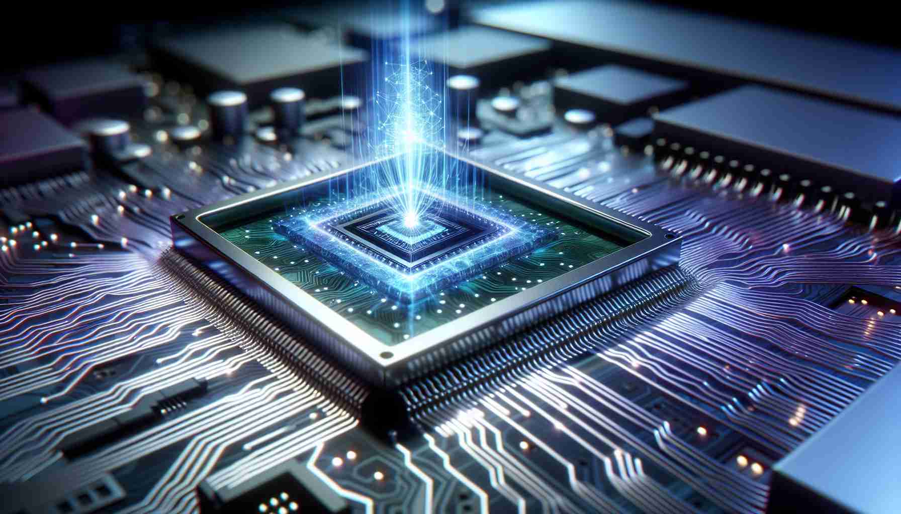 A meticulously detailed image of a revolutionary computing chip, steeped in an aura indicating its quantum capabilities. This cutting-edge technology has caused a ripple in the field of computing, symbolized by waves of light energy emanating around it. The chip is positioned onto a motherboard with electronic circuits running all over it. The foreground is marked by shining silver trails, representing electrical signals, and the background glows with a radiant hue of blue, symbolizing the digital world it will potentially transform.