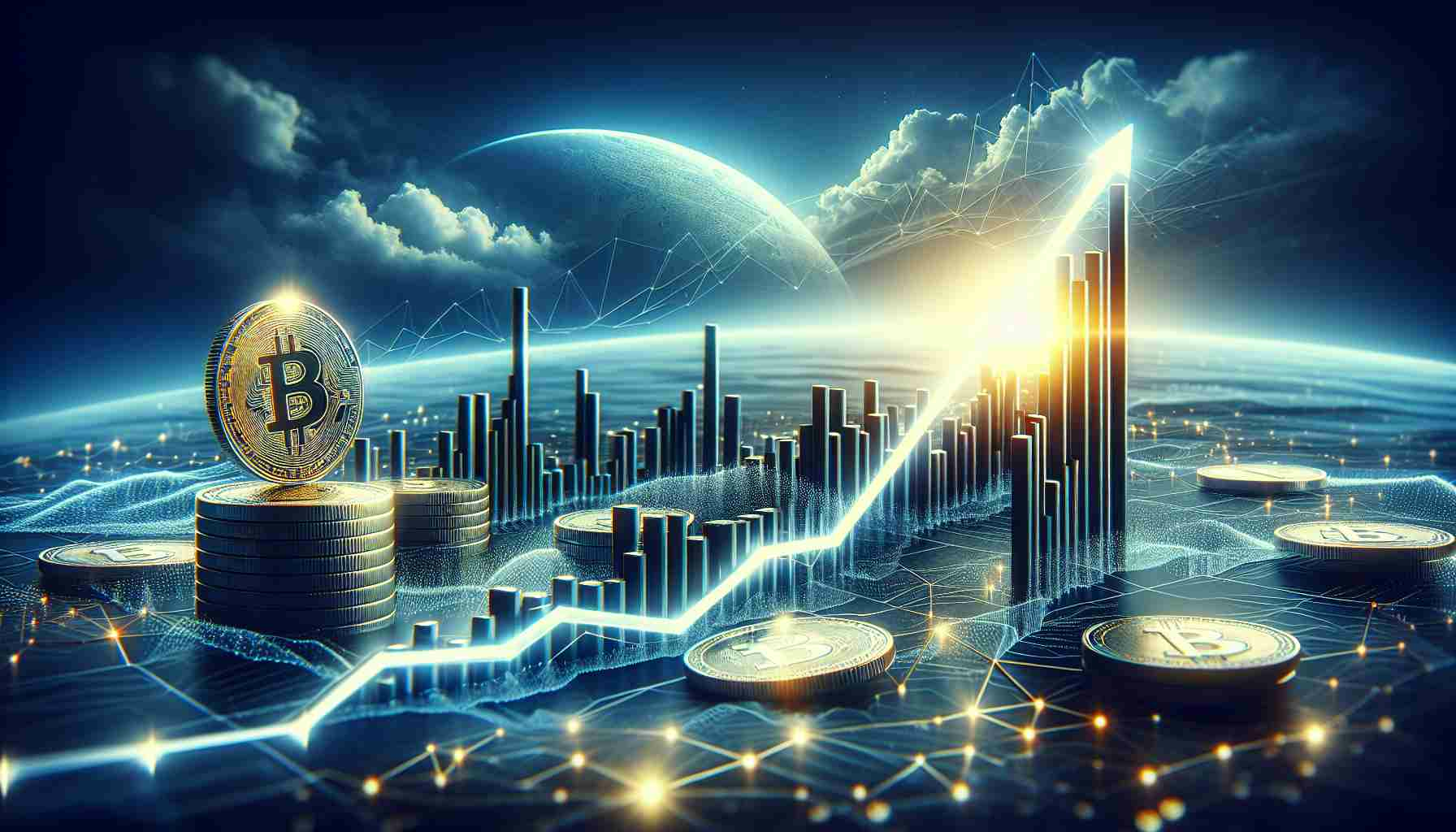 A highly detailed and realistic visualization of the concept 'Future of a Cryptocurrency Exchange Stock'. It should represent the speculative nature of the concept and the potential for great change on the horizon. Please include elements such as a graph showing an upward trend, coins symbolizing the cryptocurrency, and a distant horizon imbued with the light of potential growth.
