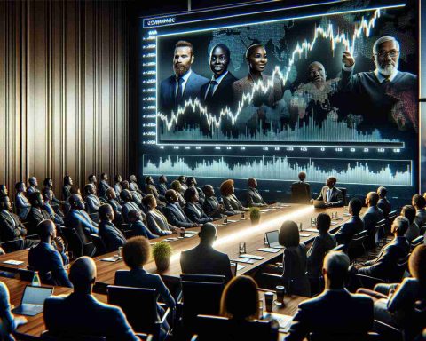 A highly detailed and realistic image showing the unexpected shift in strategy by a hypothetical electronic company. The chart on the company's wall reflects the stock price surge. Ambient light is illuminating the large conference room where a top executive is explaining the new strategy to investors. The room is packed with keen listeners, among them are men and women of diverse descents including Black, Caucasian, Hispanic, Middle-Eastern, and South Asian.