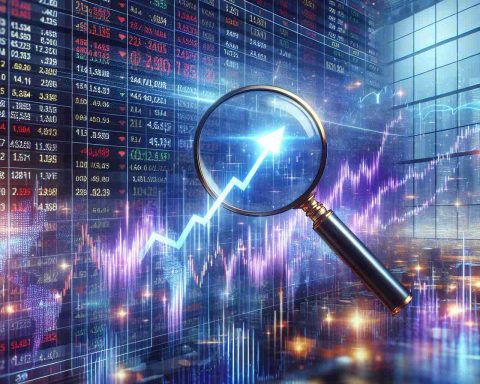 Generate a realistic high-definition image of a stock market scene. The dominant theme is the extraordinary surge of a particular index, which has achieved new record heights. The focus should be on a stock market display board showing various indices, with one index prominently displayed and showing a significant upwards trend. The atmosphere is vibrant and elated due to this unexpected financial boon. Highlight the aspect of 'discovery' through visual cues such as magnifying glasses focusing on the surging index, or digital arrows pointing upwards.