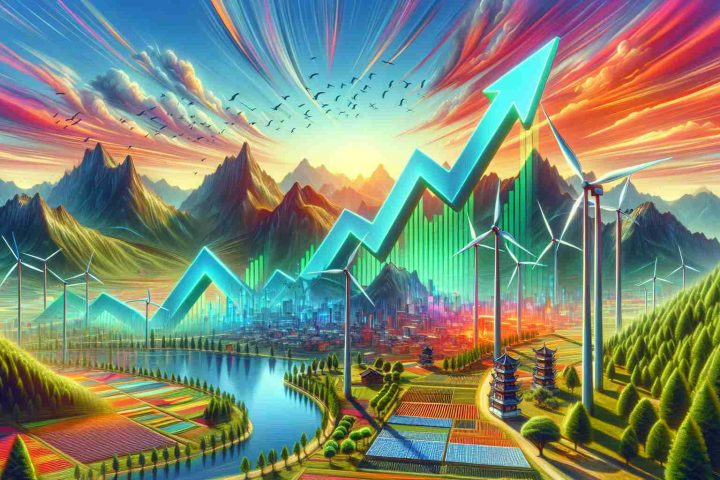 Realistic, high-definition illustration of a metaphorical representation of a 'stock on the rise', symbolized by a growing graph against a vibrant backdrop. Included are elements that suggest energy production, perhaps powered wind turbines and solar panels, in the context of an abundant, mountainous landscape for Yunnan-like region. The focus should be on the economic boom, encapsulated by vibrant colors and an optimistic feel. Although this doesn't capture specific businesses, it should give a sense of prosperity and growth in the energy sector in a region similar to Yunnan.