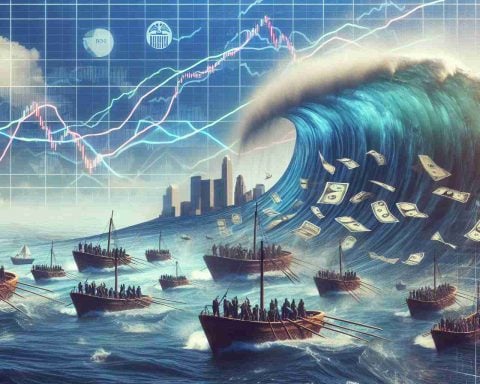 Create a detailed and realistic high-definition image of an unexpected metaphorical visual theme. Let's represent the stock market's ups and downs as a giant wave, poised to crash. In this scene, significant business players are depicted as small ships precariously navigating the turbulent sea. Overlay the image with charts and graphs to depict the Federal Reserve's decisions, subtly influencing the overall scenario. But keep in mind, all the ships and characters should be fictional and not represent any real-world individuals or organizations.