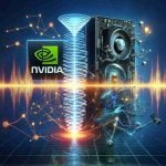 A realistic HD image graphically representing the concept of Nvidia's shockwaves in Artificial Intelligence industry. Accompanied by symbolic imagery suggesting the potential rise or fall of SoundHound in response to these shockwaves.