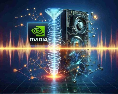 A realistic HD image graphically representing the concept of Nvidia's shockwaves in Artificial Intelligence industry. Accompanied by symbolic imagery suggesting the potential rise or fall of SoundHound in response to these shockwaves.