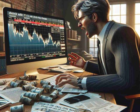 A high-definition realistic portrayal of a financial situation. The scene depicts a Chief Financial Officer, a Caucasian male in a formal business suit, visibly stressed as he makes decisions at his office desk. On the screen of his computer, a page is open showing the trend of stock market values plummeting. On the side of the image, there's a bold captivating headline that reads 'Shock Sale! CFO Sells Off Stocks Before Big Changes'. Papers are scattered around his desk, indicative of the urgency and intensity of the situation.