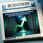 A high-definition, realistic image of a business newspaper with headlines stating 'Soaring Stocks: The Unforeseen Catalyst Propelling Tech Growth'. On a sidebar, an image of a green upward pointing arrow symbolizing the soaring stocks, accompanied by the initials 'NV' representing an anonymous tech company.