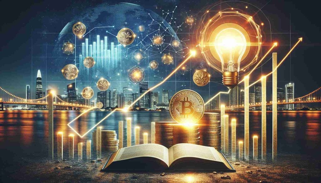 A high definition image conceptually representing revolutionary investment strategy for future wealth. The scene is nuanced with elements such as a digital bar graph showing tremendous growth over time, a gleaming golden coin symbolizing wealth, a light bulb illustrating a bright idea, and an open book as a metaphor for knowledge and discovery. The background is a glistening cityscape under a sky promising a bright economic future.