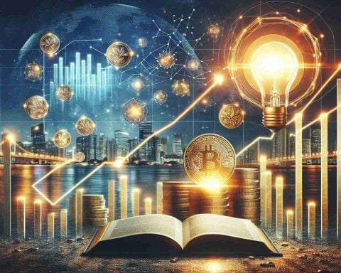 A high definition image conceptually representing revolutionary investment strategy for future wealth. The scene is nuanced with elements such as a digital bar graph showing tremendous growth over time, a gleaming golden coin symbolizing wealth, a light bulb illustrating a bright idea, and an open book as a metaphor for knowledge and discovery. The background is a glistening cityscape under a sky promising a bright economic future.