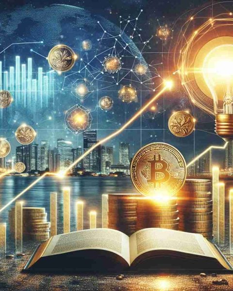 A high definition image conceptually representing revolutionary investment strategy for future wealth. The scene is nuanced with elements such as a digital bar graph showing tremendous growth over time, a gleaming golden coin symbolizing wealth, a light bulb illustrating a bright idea, and an open book as a metaphor for knowledge and discovery. The background is a glistening cityscape under a sky promising a bright economic future.