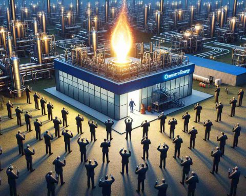 Realistic, high-definition image featuring a metaphorical illustration of investors' interest in energy companies, depicted by suit-clad figures clustered around a modern natural gas facility representative of Cheniere Energy. The unexpected catalyst is symbolized by a bright, glowing element emerging from the facility.