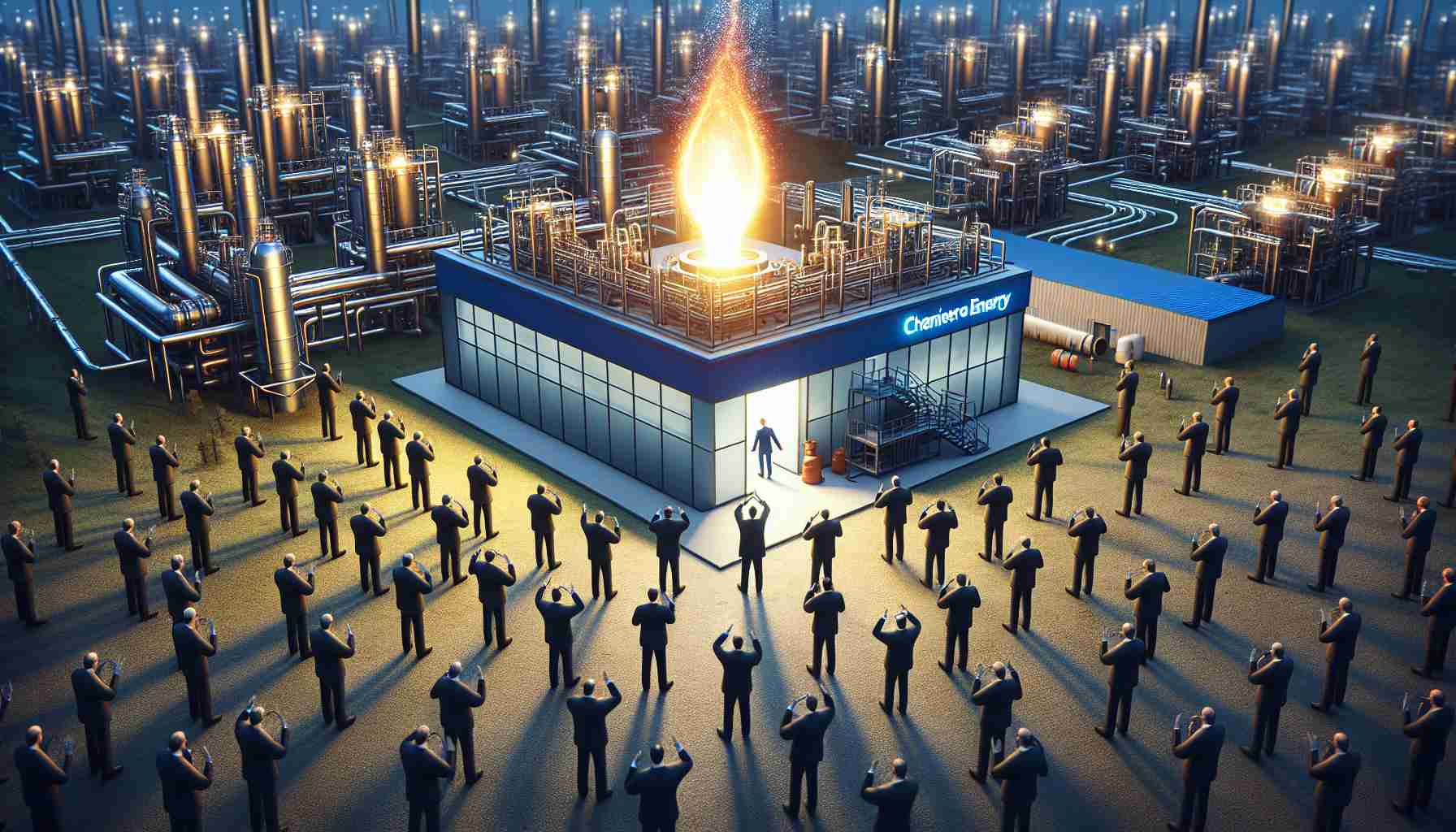 Realistic, high-definition image featuring a metaphorical illustration of investors' interest in energy companies, depicted by suit-clad figures clustered around a modern natural gas facility representative of Cheniere Energy. The unexpected catalyst is symbolized by a bright, glowing element emerging from the facility.