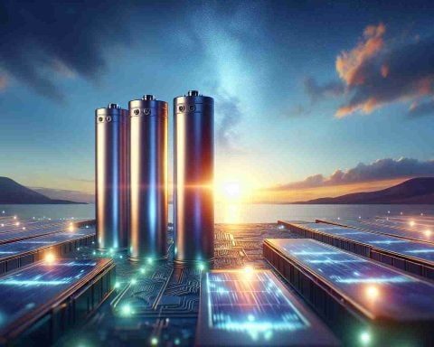 Generate a high definition, realistic image that visualizes the dawn of a new era in battery technology. Include a trio of innovative batteries standing tall, proudly displaying their advanced features. Illuminate these modern power solutions with a backdrop of a rising sun, symbolizing the rise of new contenders in the field of energy storage.