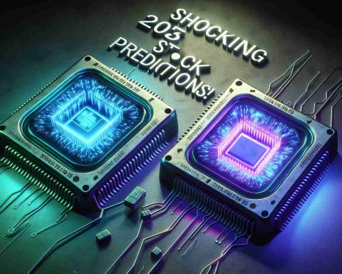 Hyper-realistic image of two generic computer chips, representational of the tech industry's leading players in 2025. One chip emanates a vivid glow to symbolize it being the surprising winner, while the other maintains a more subtle hue of light. Above them, in bold, dramatic letters, the text reads 'Shocking 2025 Stock Predictions!'