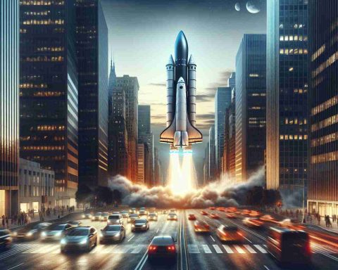 A highly detailed and realistic image showcasing an impressive rocket in the sky, as if it belongs to an innovative company in the automotive and energy industry. The awe-inspiring moment is missed by a busy city street scene below, which could be seen as symbolic of the financial district largely ignoring this technological achievement. Note that this image is purely fictional and does not correspond to any real-world event or technology.