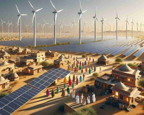 A high-definition, realistic image that showcases the abundant renewable energy initiatives in the desert landscape of Rajasthan, India. This includes several wind turbines spinning in harmony with an expansive solar power farm under the clear, sunny sky. In the background, there are traditional Rajasthani houses with rooftops equipped with solar panels, indicating a shift towards a sustainable future. Additionally, feature some local people from various descents such as South Asian and Middle-Eastern, both males and females, working together to operate and maintain these energy sources.