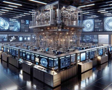 Realistic high-definition image showing the details of a quantum computing lab. It's filled with state-of-the-art equipment and technology, representing the cutting edge of modern scientific exploration. The lab appears to be semi-industrial with a futuristic twist, filled with sleek metallic devices, monitors alive with complex quantum calculations, glossy floors, LED lights that project an aura of advanced research, and whiteboards with intricate formulas and computing models. However, instead of IBM, imagine it as an unidentified quantum lab pushing the boundaries of science.