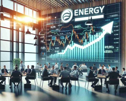 Generate a realistic HD photo of the scene at a thriving energy company, displaying charts that show an uptrending graph, suggesting that it's a stock to watch. The environment should be filled with busy employees engaged in meetings and discussions, with the company logo painted on a wall in the background.