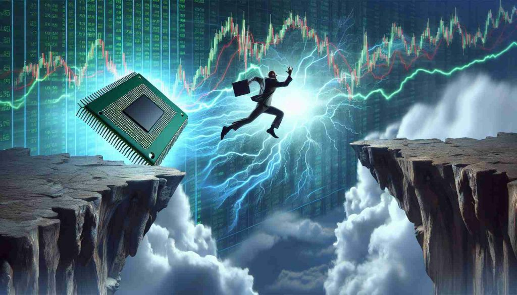 Generate a realistic, high definition image illustrating the concept of 'Supermicro's AI leap being a calculated risk or misstep, going beyond just a market tumble'. Perhaps include some symbolic representations, like a person making a daring leap over a chasm while holding a microchip, with a tumultuous stock market chart plummeting in the backdrop.