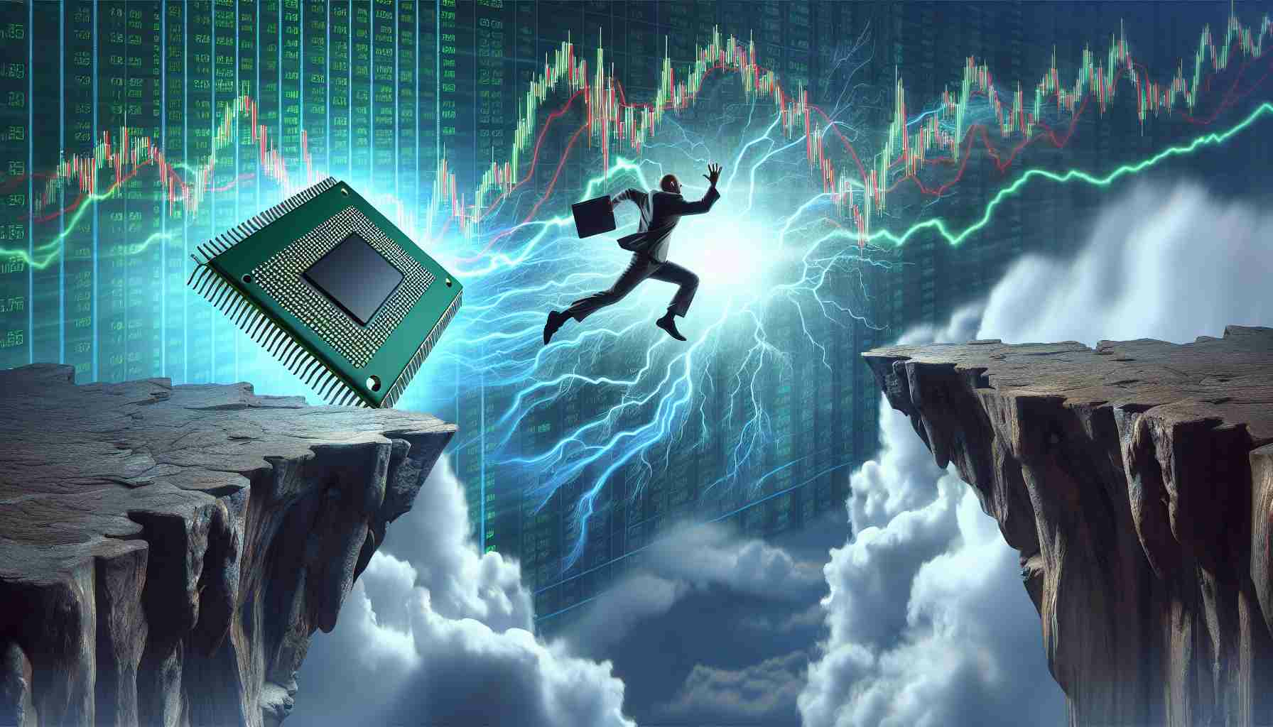 Generate a realistic, high definition image illustrating the concept of 'Supermicro's AI leap being a calculated risk or misstep, going beyond just a market tumble'. Perhaps include some symbolic representations, like a person making a daring leap over a chasm while holding a microchip, with a tumultuous stock market chart plummeting in the backdrop.