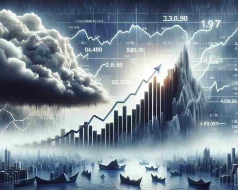 Generate a realistic high definition image that symbolizes the launch of a new Initial Public Offering (IPO) on the stock market, juxtaposed with the persistent challenges often encountered in business. This could include symbols like a rising graph representing the IPO, with storm clouds looming overhead indicating challenges. The overall tone should be of optimism despite difficulties.