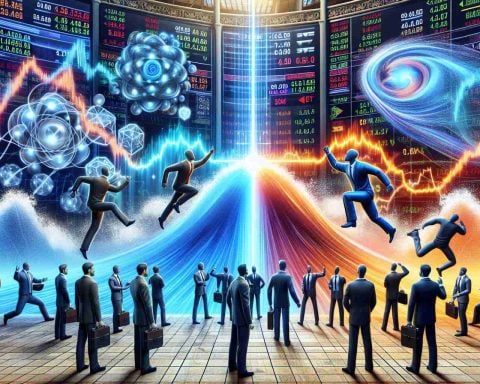 Depict an HD photograph that looks very realistic, showing an exciting scene from the stock market where stocks related to artificial intelligence and quantum technology are soaring! In this scene, include the depiction of a metaphorical rivalry between different stocks, symbolized by waves clashing. Ensure to make the image energetic and vibrant, featuring various stocks competing and making an impact.