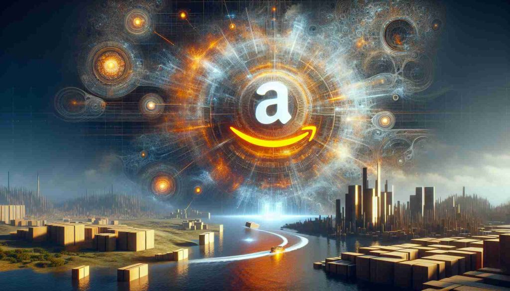 Generate a hyperrealistic high definition image that encapsulates the unseen influence of Amazon, represented symbolically. Show a futuristic scene where Artificial Intelligence revolution is causing profound changes. Depict subtleties which can be interpreted as impacts on Amazon's stock performance.