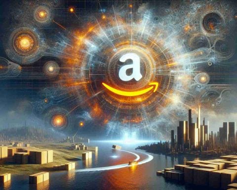 Generate a hyperrealistic high definition image that encapsulates the unseen influence of Amazon, represented symbolically. Show a futuristic scene where Artificial Intelligence revolution is causing profound changes. Depict subtleties which can be interpreted as impacts on Amazon's stock performance.