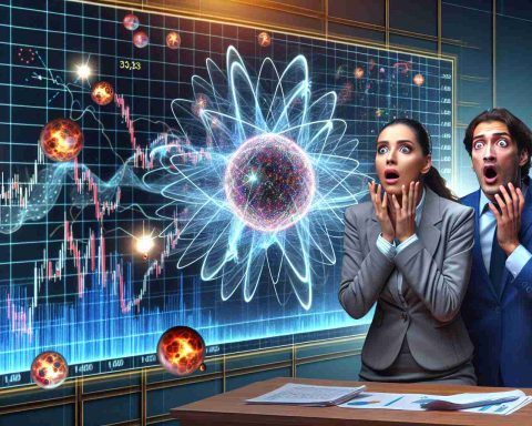 Create a high-definition, realistic image representing the concept of 'Quantum Shock'. This metaphorical image should represent surprising stock market moves. Possible elements in the scene could include a graph or chart representing stock prices with dramatic fluctuations, imagery alluding to quantum physics such as atoms, molecules or quantum wave functions, and perhaps a pair of wide-eyed investors observing the scene, expressing their surprise. The investors could be a Middle-Eastern woman and a Hispanic man, both dressed in business attire.