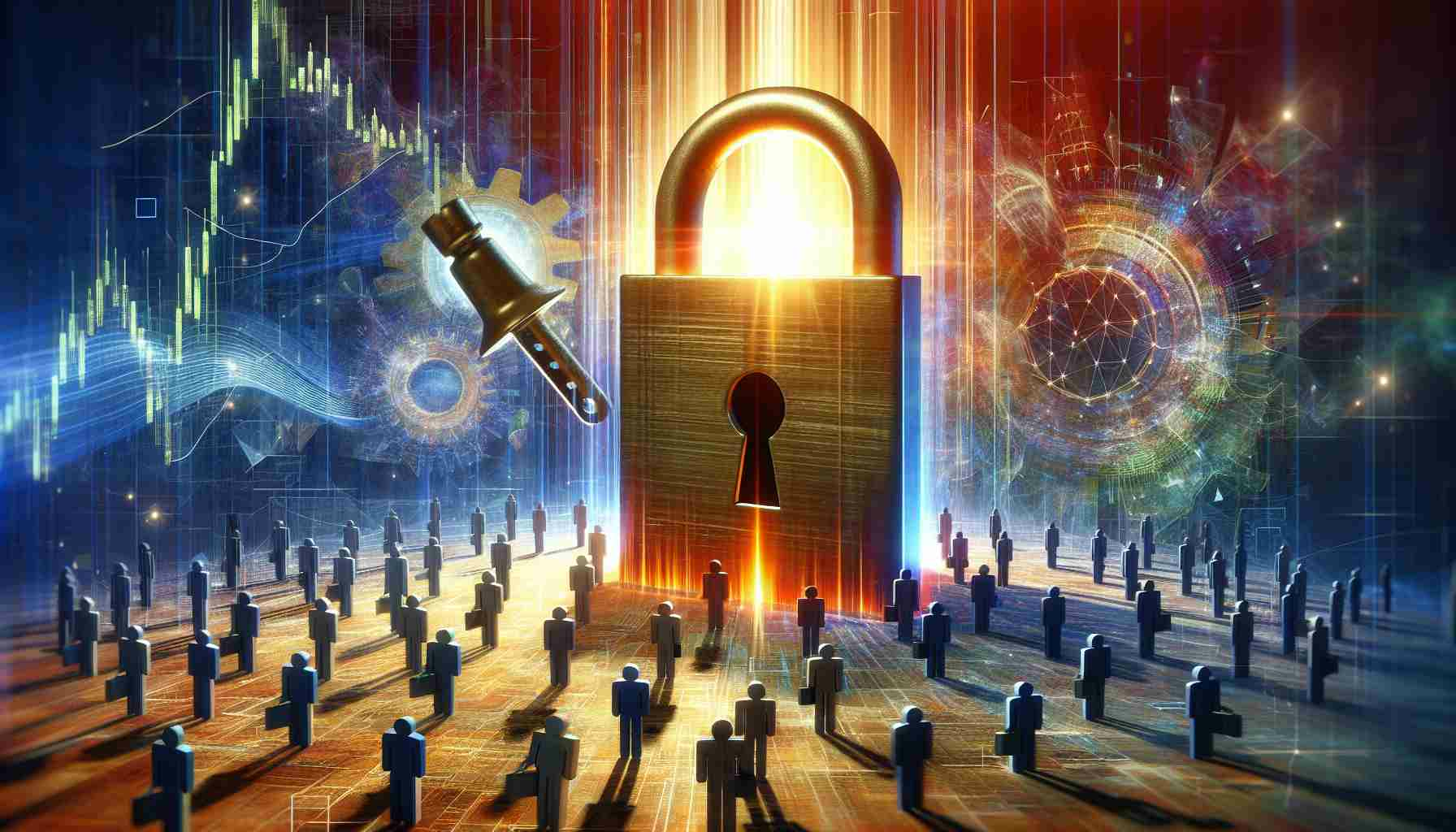 Generate a high-definition, realistic image that portrays the concept of 'The delay in the initial public offering of a tech company causing significant shifts in the industry.' This image should visualize the element of surprise in the form of unexpected industry repercussions waiting to unfold.