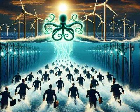 Create a realistic high-definition image representing the concept of investors being attracted towards a company named 'Octopus Energy'. The image should metaphorically depict a squadron of businesspeople swimming towards a giant glowing octopus symbol, set against a backdrop of a massive wave composed of green energy forms such as wind turbines, solar panels and electric charging stations.