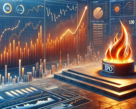 A conceptual representation of an initial public offering (IPO) for a company in the hospitality industry named 'Ventive'. The scene includes visual elements representative of heat like blazing symbols and rising graphs, embodying the metaphor of a hot investment. This composition aims to reflect the dynamism and potential success of this financial event, hinting at high investor confidence and strong market performance. The concept is intended to be depicted in a photorealistic style with high-definition detail.