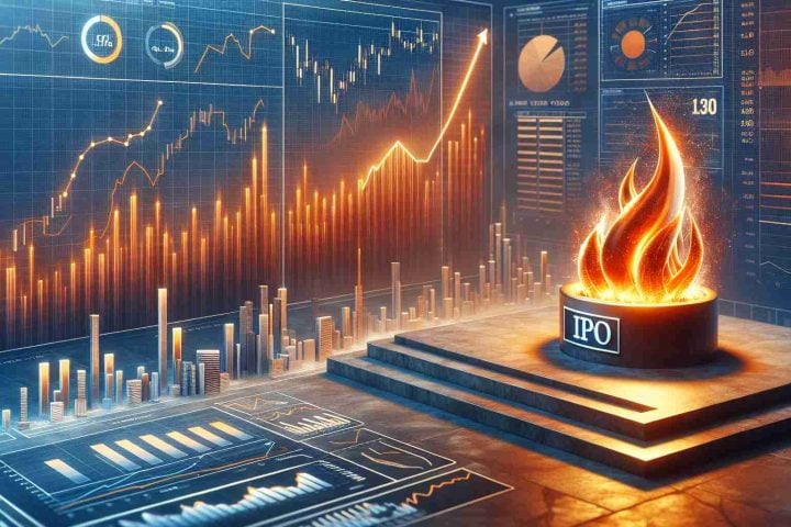 A conceptual representation of an initial public offering (IPO) for a company in the hospitality industry named 'Ventive'. The scene includes visual elements representative of heat like blazing symbols and rising graphs, embodying the metaphor of a hot investment. This composition aims to reflect the dynamism and potential success of this financial event, hinting at high investor confidence and strong market performance. The concept is intended to be depicted in a photorealistic style with high-definition detail.