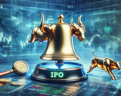 Generate a high-definition, realistic image that visually represents an alert related to a new Initial Public Offering (IPO). This could include symbols typically associated with financial markets, urgency and opportunity. The scene could feature a stock market bell, a speeding bull symbolizing a bullish market, and a golden opportunity sign, all against a digital interface background showcasing live trading data.