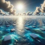 Realistic high-definition image showcasing the concept of solar energy harnessing from the sea. It should exhibit a vast, expansive ocean, dotted with various solar panels or photovoltaic installations. These sea-based solar farms should be spread out over the water, capturing sunlight and transforming it into usable energy. It should be evident that these technologies are causing a significant shift or 'making waves' in the renewable energy sector. Please include a breathtaking scenery of the clear blue ocean under a bright sunny sky, with solar panels shimmering in the sun.