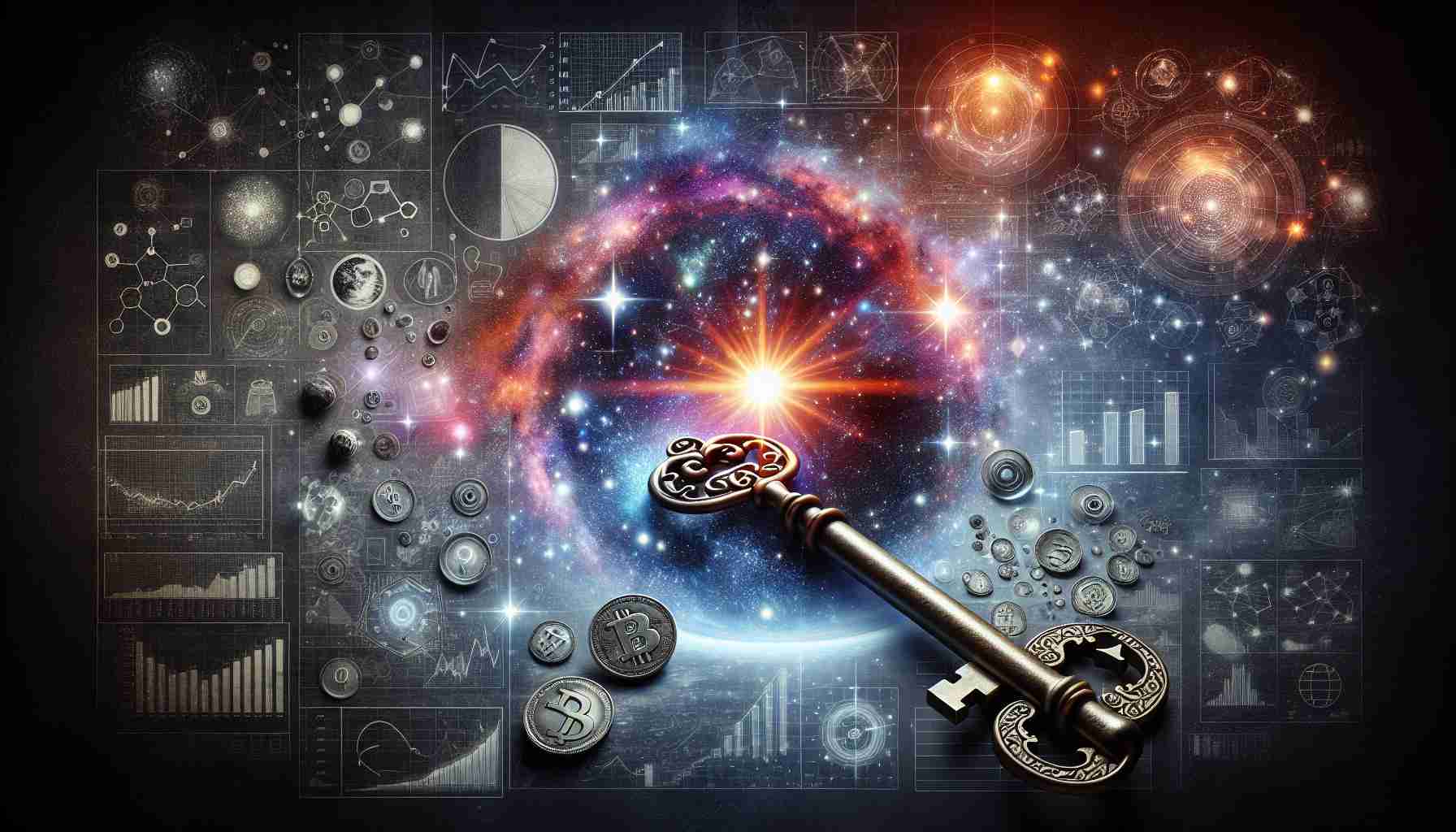 Create a realistic, high-definition image illustrating the concept of 'unlocking cosmos' symbolizing a new frontier in investment. The image could include a large antique key unlocking a representation of the cosmos, filled with stars, galaxies, and celestial bodies, to symbolize the investing opportunity. Additionally, it could feature economic symbols like graphs, charts, and coins to depict the investment aspect.