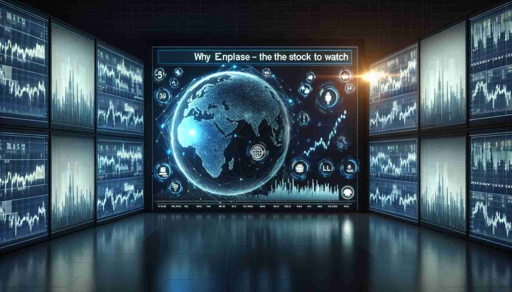 A high-definition realistic visualization of the stock market, focusing specifically on Enphase Energy Inc, with its stock performance graph prominently displayed on wall screens. Icons of rising and falling stocks flicker around, symbolizing market volatility. An overlaid text headline reads, 'Why Enphase is the Stock to Watch'.