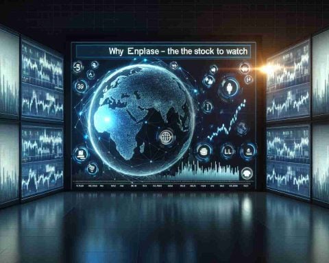 A high-definition realistic visualization of the stock market, focusing specifically on Enphase Energy Inc, with its stock performance graph prominently displayed on wall screens. Icons of rising and falling stocks flicker around, symbolizing market volatility. An overlaid text headline reads, 'Why Enphase is the Stock to Watch'.