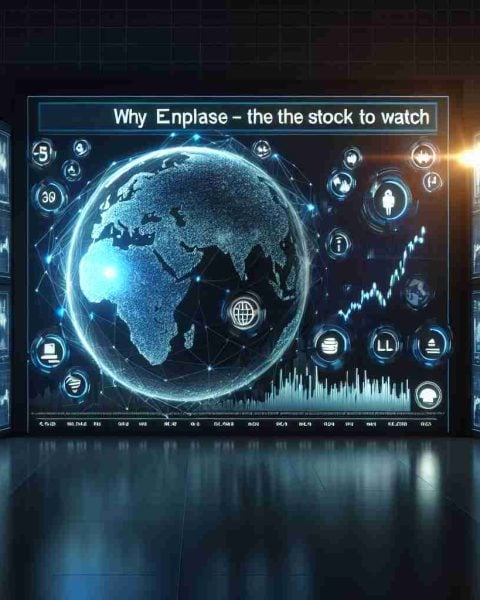 A high-definition realistic visualization of the stock market, focusing specifically on Enphase Energy Inc, with its stock performance graph prominently displayed on wall screens. Icons of rising and falling stocks flicker around, symbolizing market volatility. An overlaid text headline reads, 'Why Enphase is the Stock to Watch'.