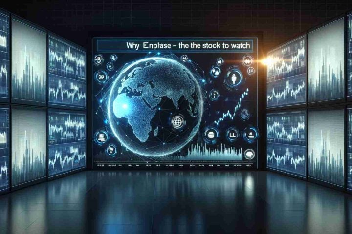 A high-definition realistic visualization of the stock market, focusing specifically on Enphase Energy Inc, with its stock performance graph prominently displayed on wall screens. Icons of rising and falling stocks flicker around, symbolizing market volatility. An overlaid text headline reads, 'Why Enphase is the Stock to Watch'.