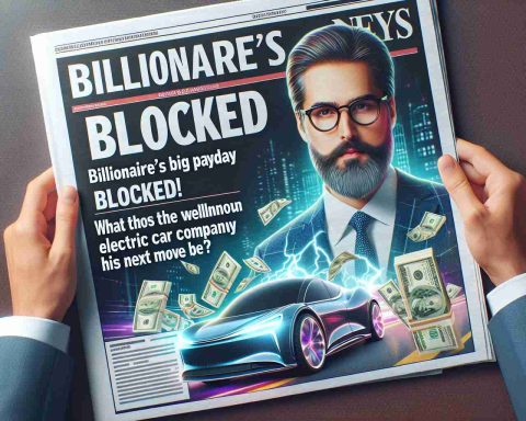 Realistic HD photo of a headline saying 'Billionaire's Big Payday Blocked! What Will the Well-known Electric Car Company's Next Move Be?'