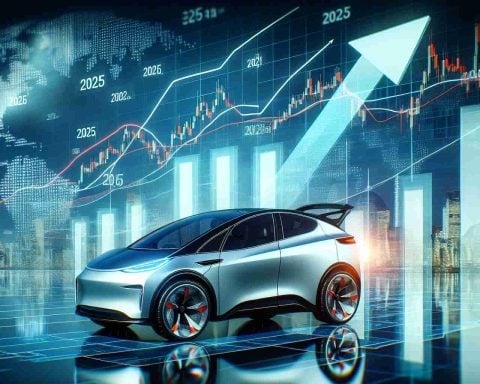 A high definition, realistic image featuring the concept of a '2025 Stock Surge'. The dominant subject of the image should be a futuristic electric car, but without identifying brands or specific models, to represent the potential influence of innovative automakers. The background can be filled with positive stock market imagery, including upward trending graphs and '2025' prominently displayed.