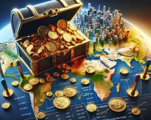 Detailed imagery of the concept of untapped gold in the form of emerging markets, highlighting the potential for immense financial growth. This could be represented by an open treasure chest filled with gold coins and precious gems lying on a world map, with markers indicating rising markets. As an underlying contrast, depict scenes of mainstream investors looking in the opposite direction, illustrating the overlooked golden opportunities in these markets. The image should emphasize the disparity in awareness, showcasing the critical opportunity most market participants miss, rendered in high-definition realism.